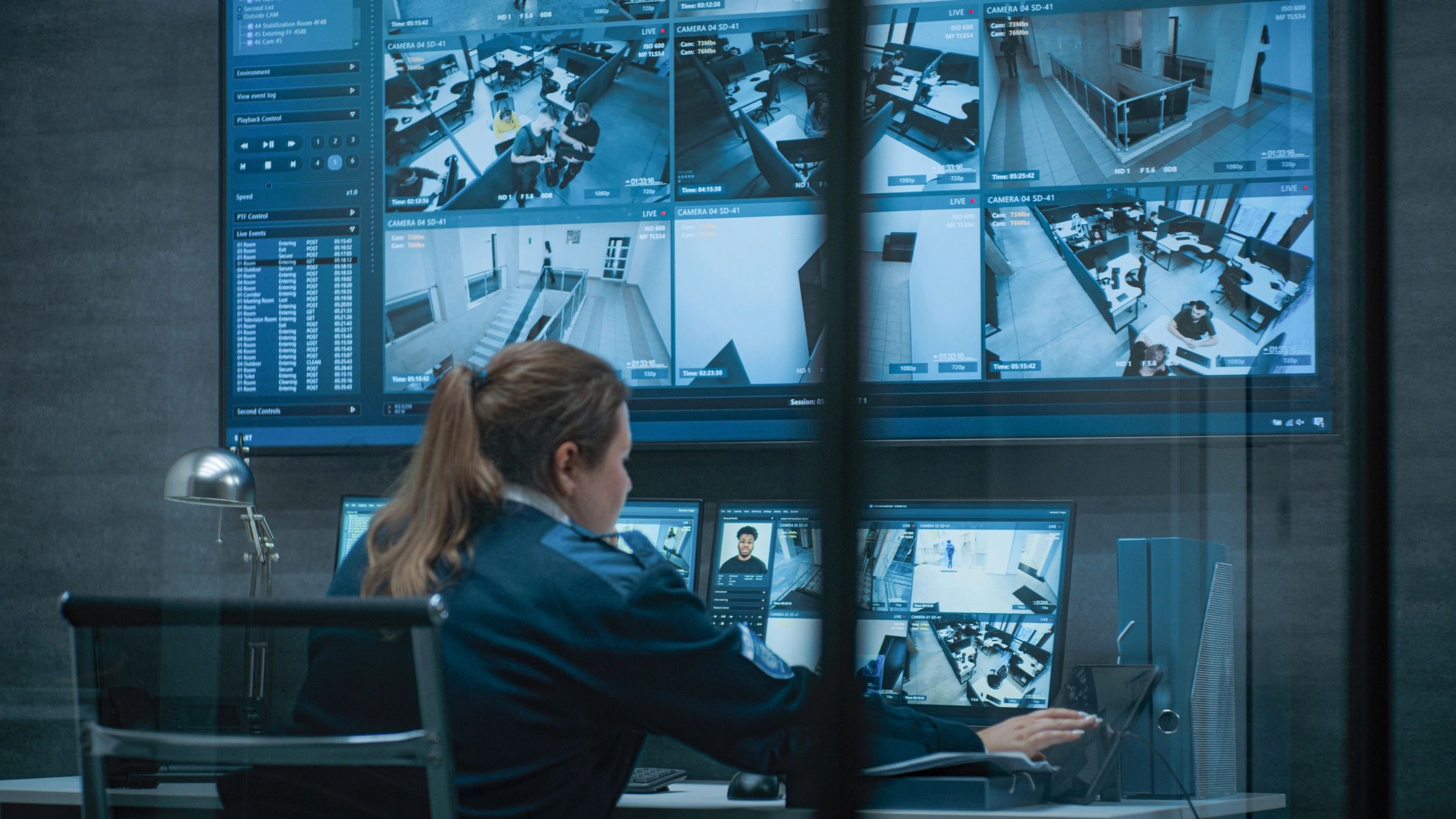Security operator monitoring multiple screens